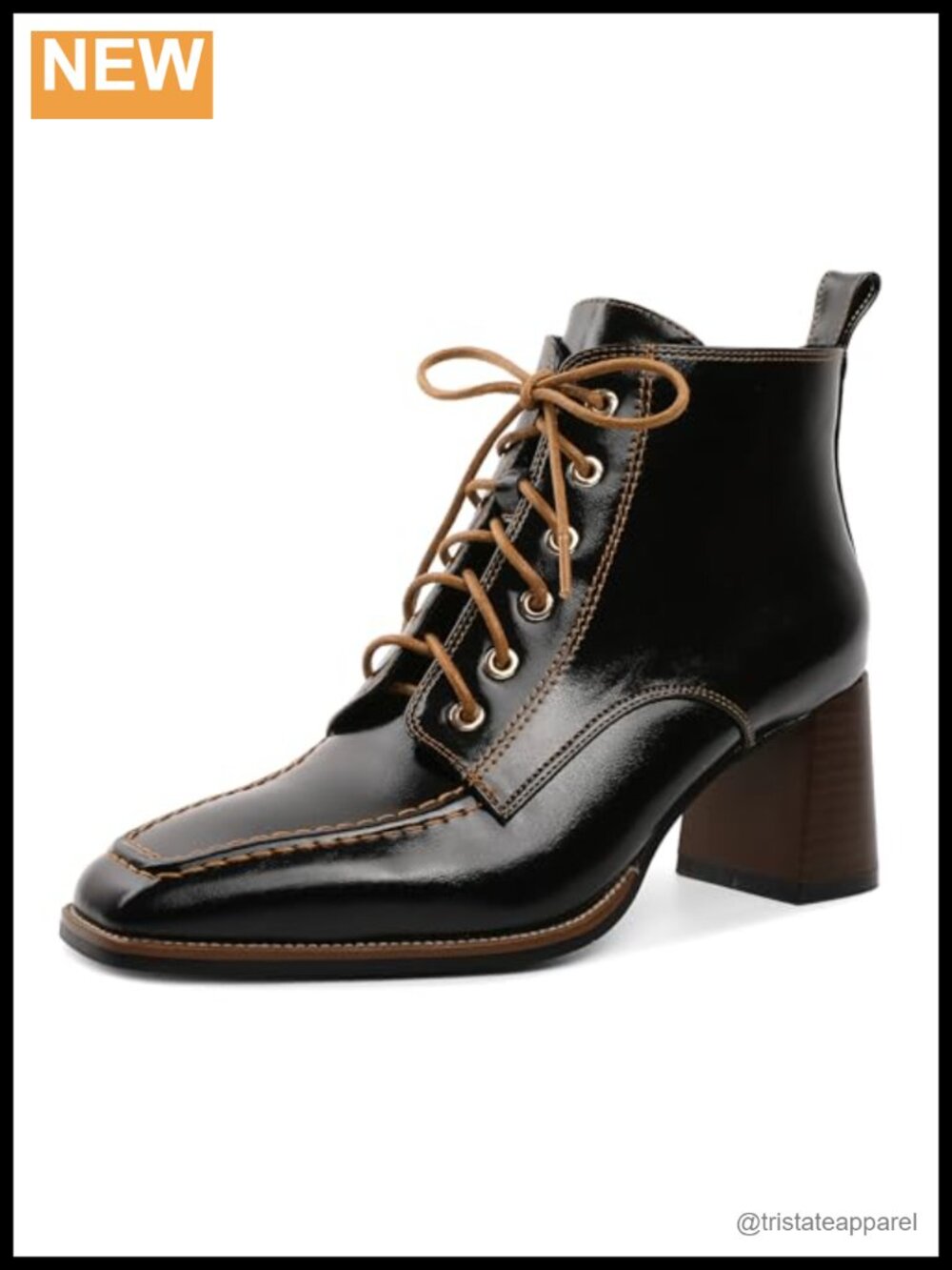 Women's Faux Leather Square Toe Ankle Boots Chunky Block Heel Side Zipper Lace